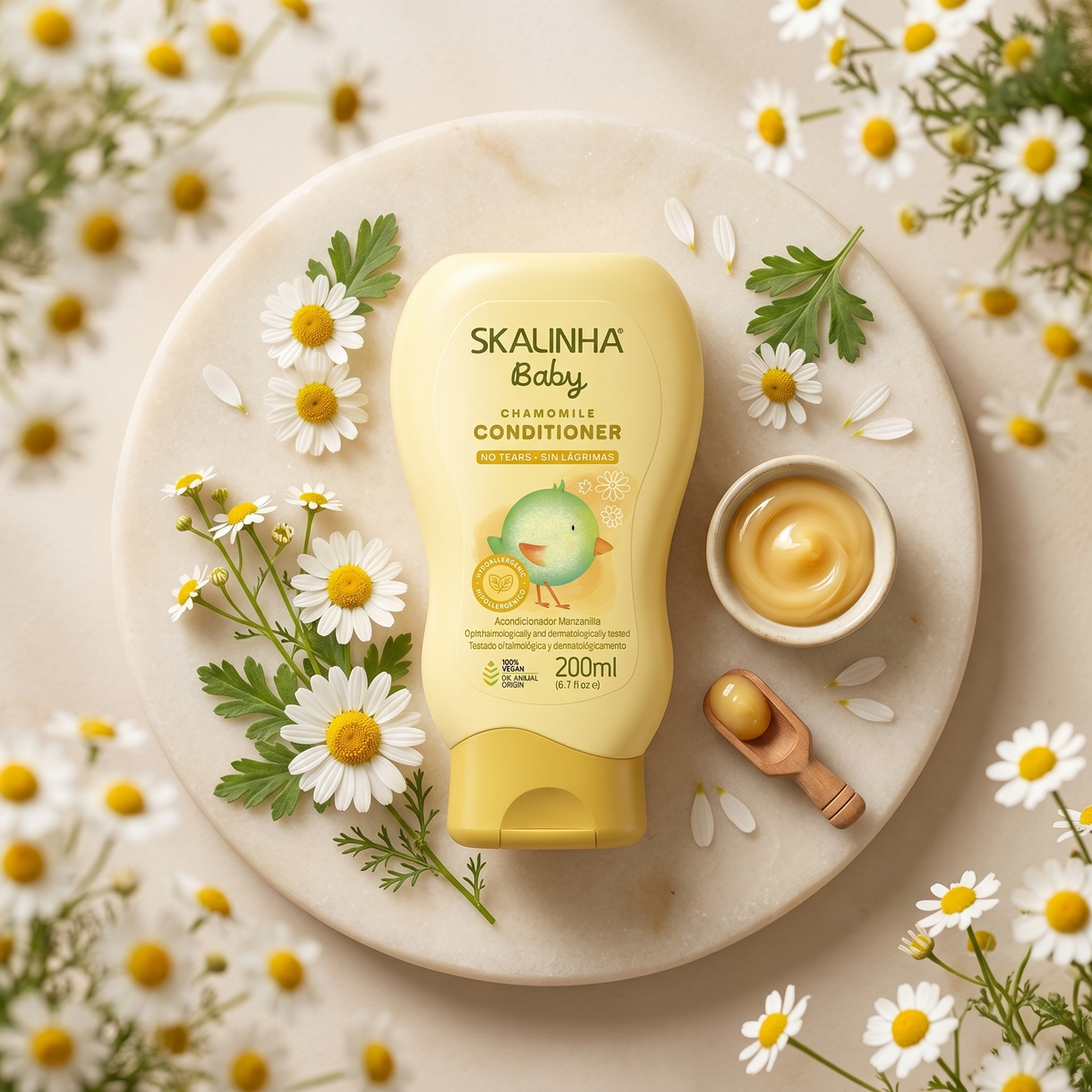 Skalinha Baby Chamomile Conditioner in a yellow bottle on a marble slab surrounded by fresh chamomile flowers.