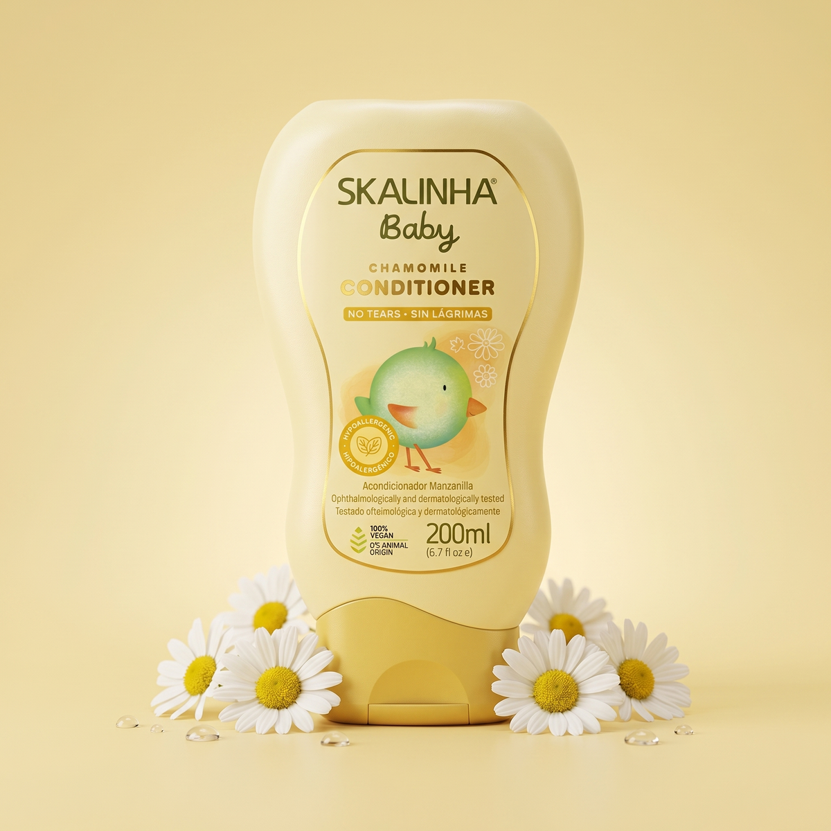 Skalinha Baby chamomile conditioner in a yellow bottle surrounded by fresh chamomile flowers on a yellow background.