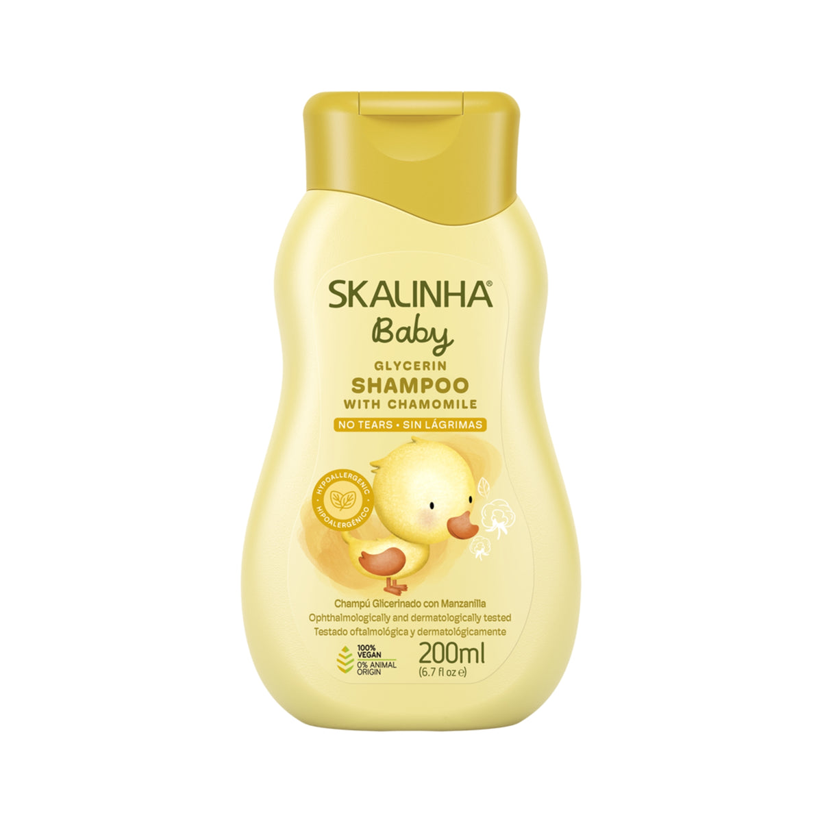 Skalinha Baby glycerin shampoo with chamomile in yellow bottle of 200 ml with cute duckling illustration.