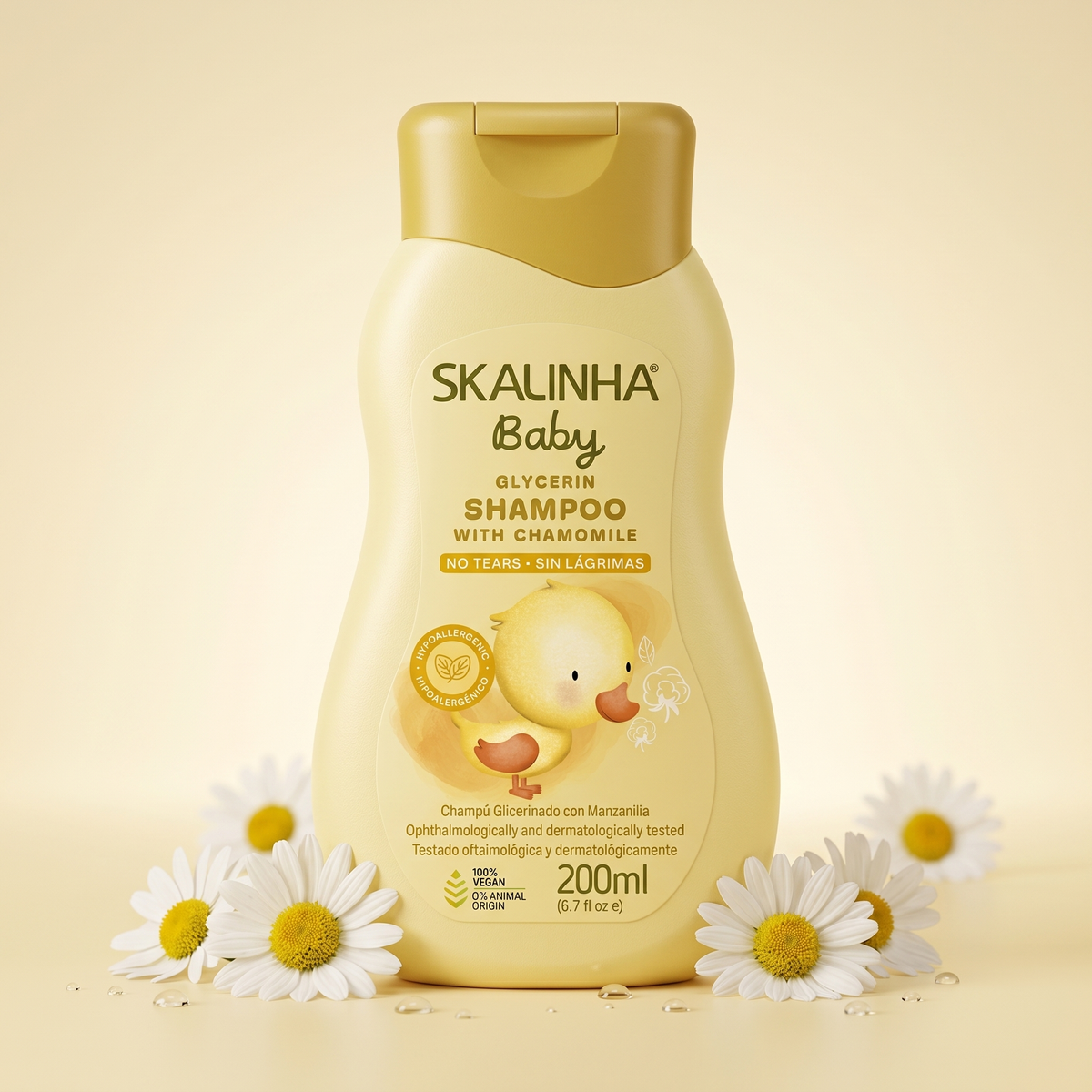 Skalinha Baby glycerin shampoo with chamomile in a yellow bottle surrounded by fresh daisy flowers.