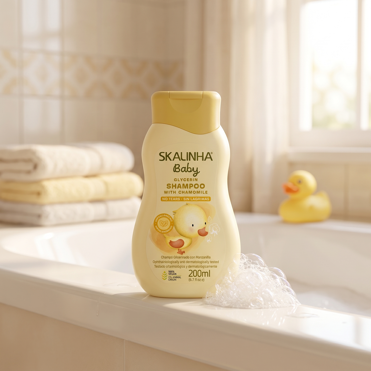 Skalinha Baby glycerin shampoo with chamomile on the edge of the bathtub with whirlpool, towels and rubber duck.