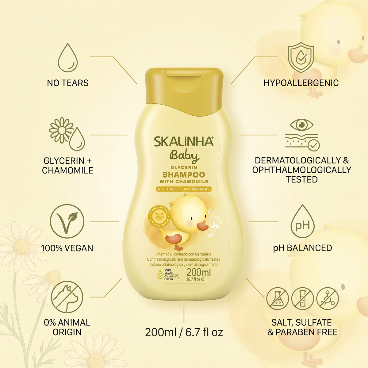 Skalinha Baby glycerin shampoo with chamomile, 200 ml, hypoallergenic and 100% vegan baby shampoo without tears.