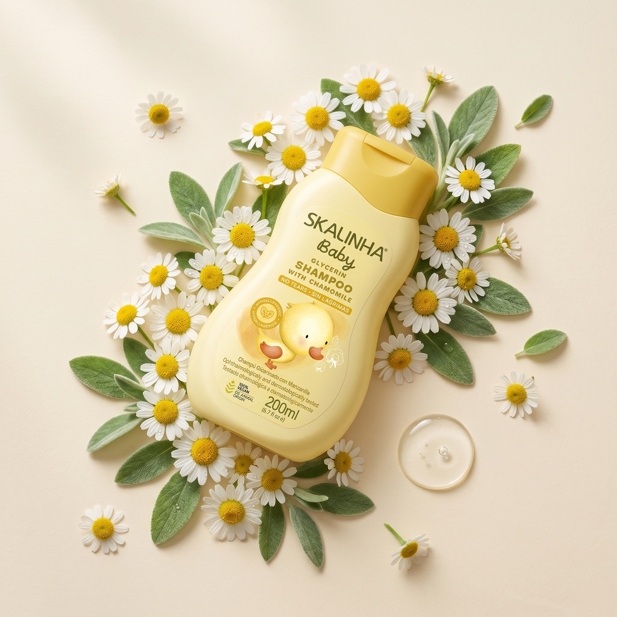 Skalinha Baby glycerin shampoo with chamomile in a yellow bottle surrounded by fresh chamomile flowers and green leaves.