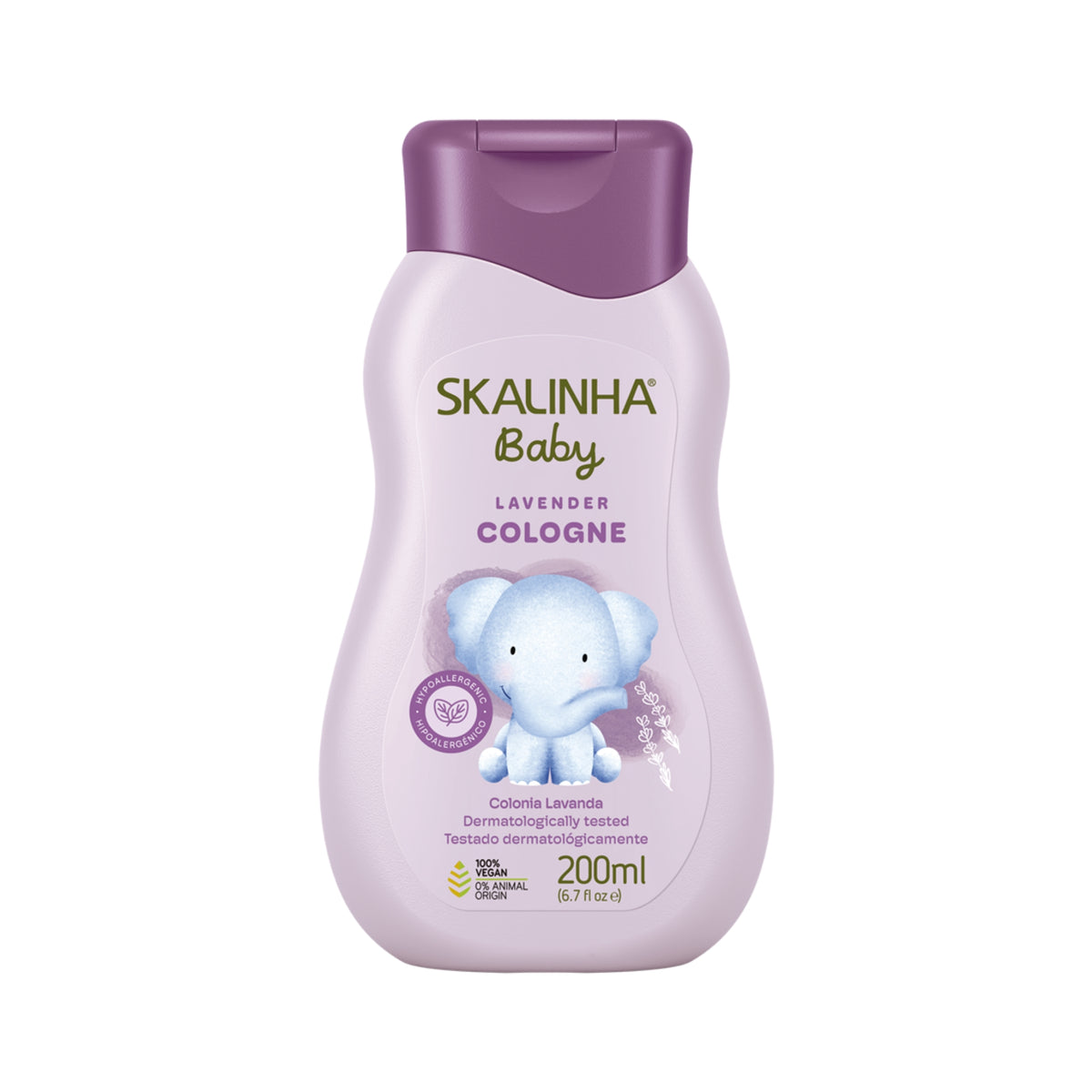 Skalinha Baby Lavender Cologne in light purple bottle with elephant motif, 200 ml hypoallergenic baby cologne.