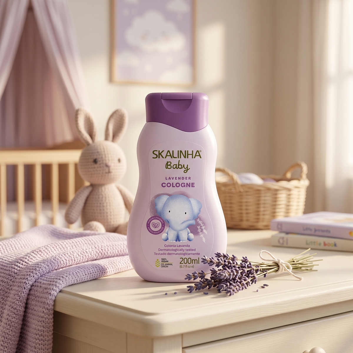 Skalinha Baby lavender cologne in purple bottle on chest of drawers with rabbit, lavender bouquet and baby's room in the background.