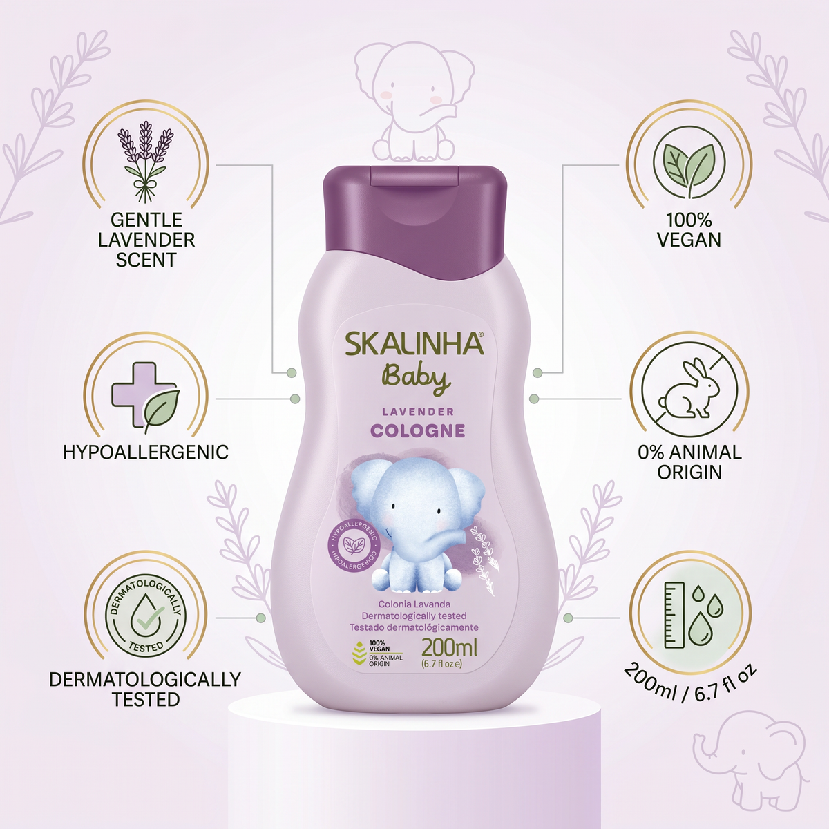 Skalinha Baby Lavender Cologne 200ml hypoallergenic baby perfume, vegan and dermatologically tested with lavender scent.