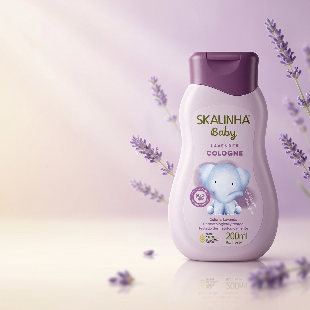 Skalinha Baby Lavender Cologne 200ml bottle with baby elephant surrounded by fresh lavender flowers.