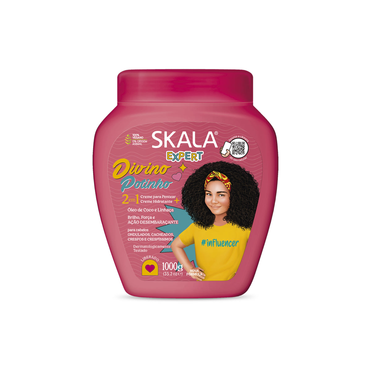 Pink bucket with Skala Divino Potinho 1000gr hair cream, decorated with illustration of woman with curly hair and yellow details.