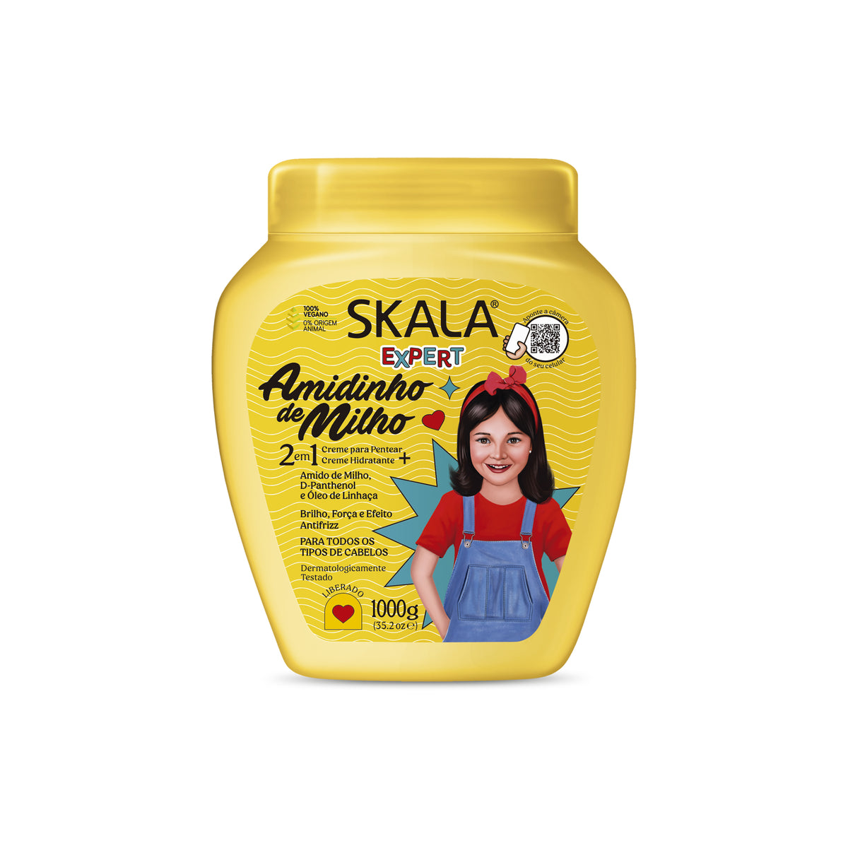Skala Treatment Amiguinha de Milho 1000gr in yellow bucket with matching lid and colorful label with girl illustration and text.
