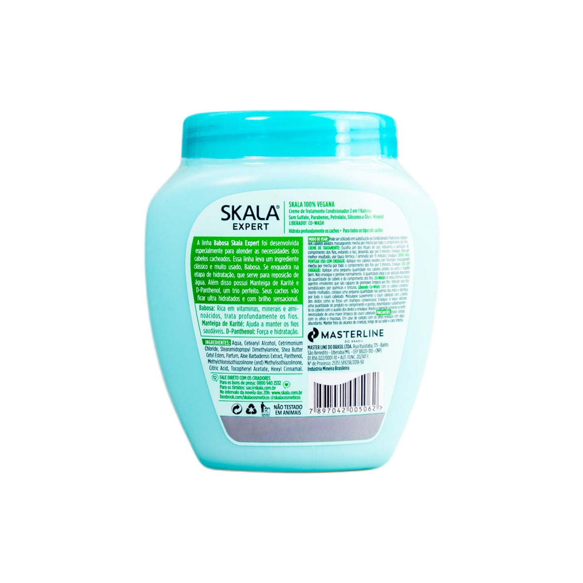 Back of Skala Babosa hair product. Light blue packaging with detailed product information in Portuguese, including ingredient list and barcode.