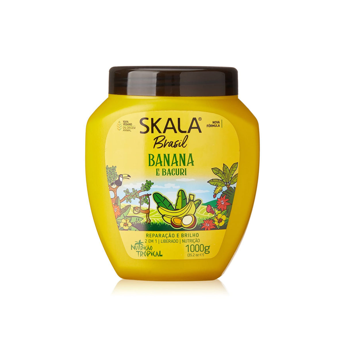 Front of Skala Brasil hair product with banana and bacuri. Yellow packaging with illustrations of tropical fruits.