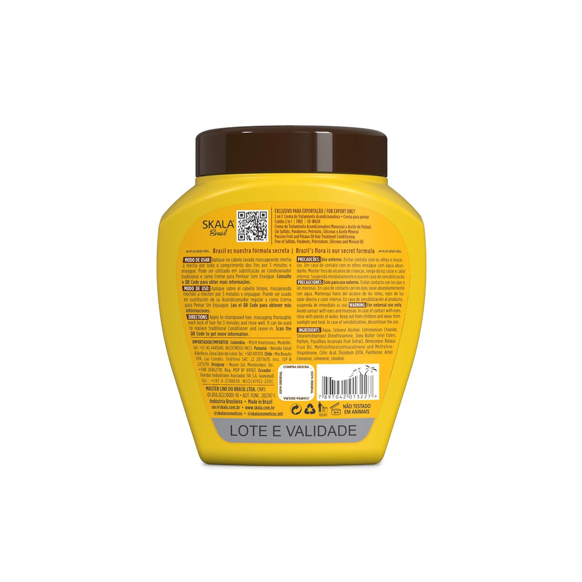 Back of Skala Brasil hair product. Yellow packaging with detailed product information in Portuguese, including ingredient list and barcode.