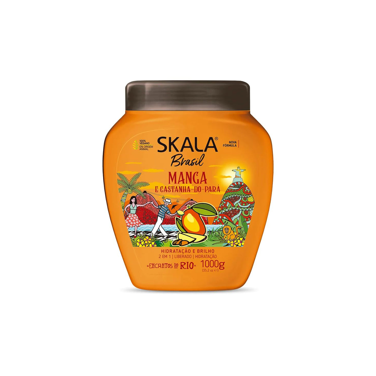 Large orange container with Skala Brasil hair product. 1000gr jar with image of mango and nuts.