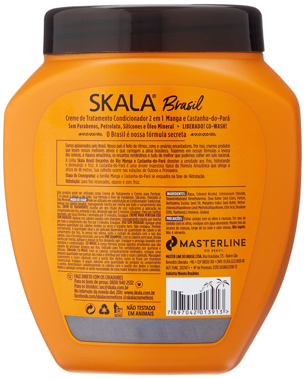 Back of Skala Treatment Brasil Manga 1000gr hair treatment – ​​nourishing 2-in-1 conditioner with mango and castanha-do-pará showing ingredient list.