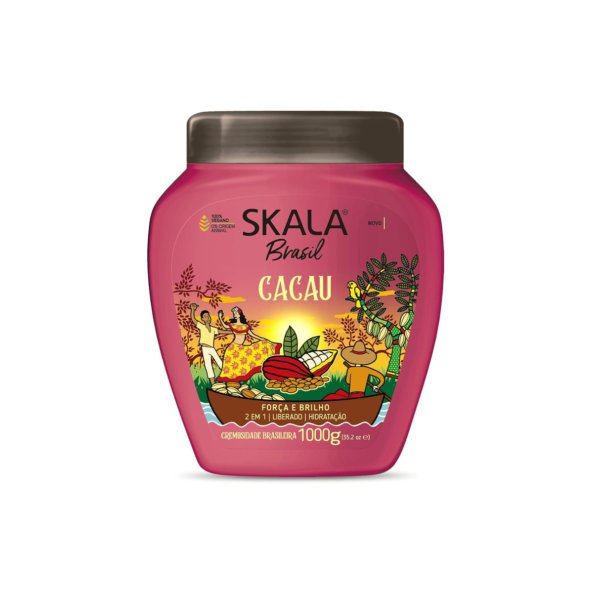 Skala Treatment Cacau 1000gr in pink bucket with brown lid and colorful label with Brazilian art and cocoa fruits.
