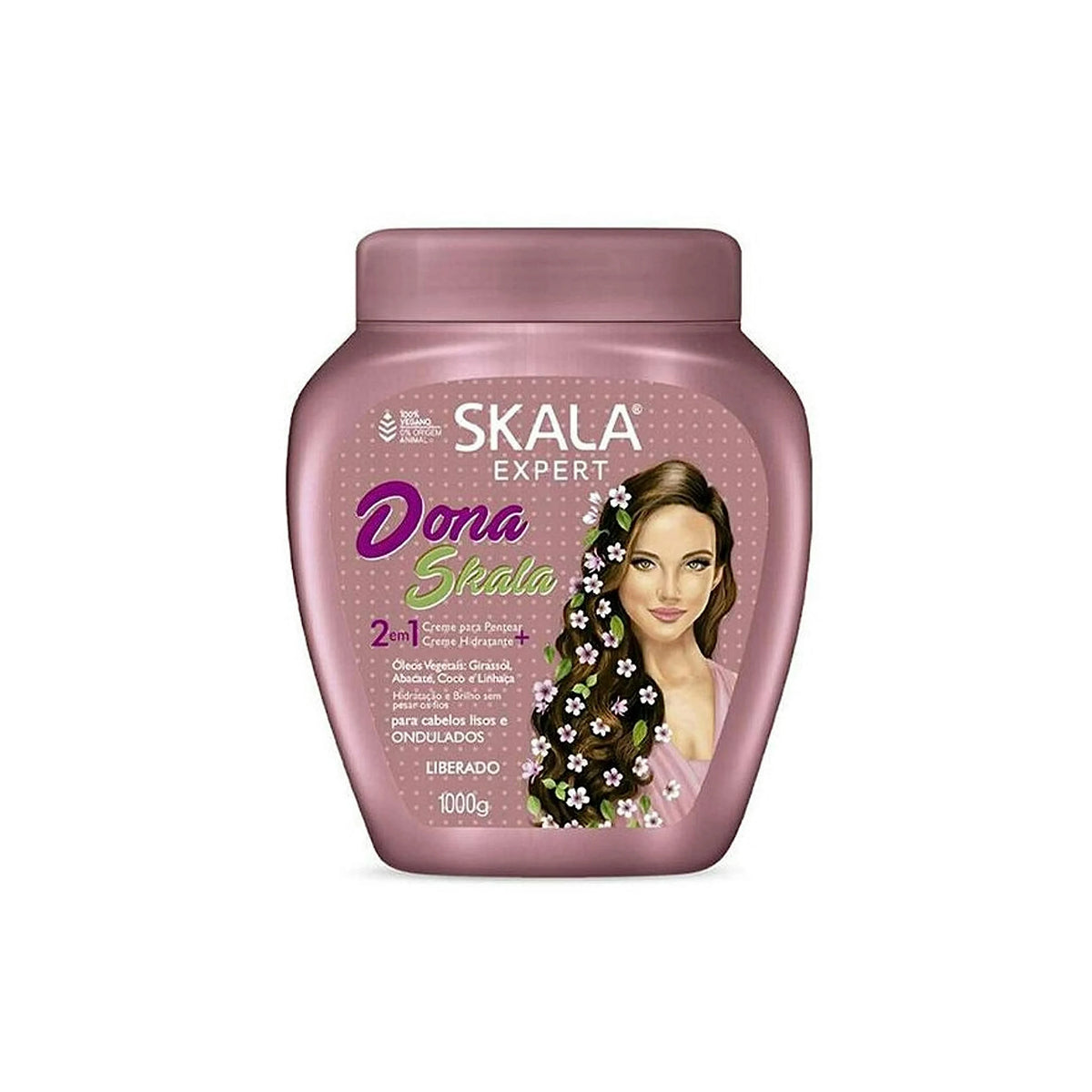 Large pink container with Dona Skala hair cream. 1000g added with pink label and picture of a woman with flowers in her hair.