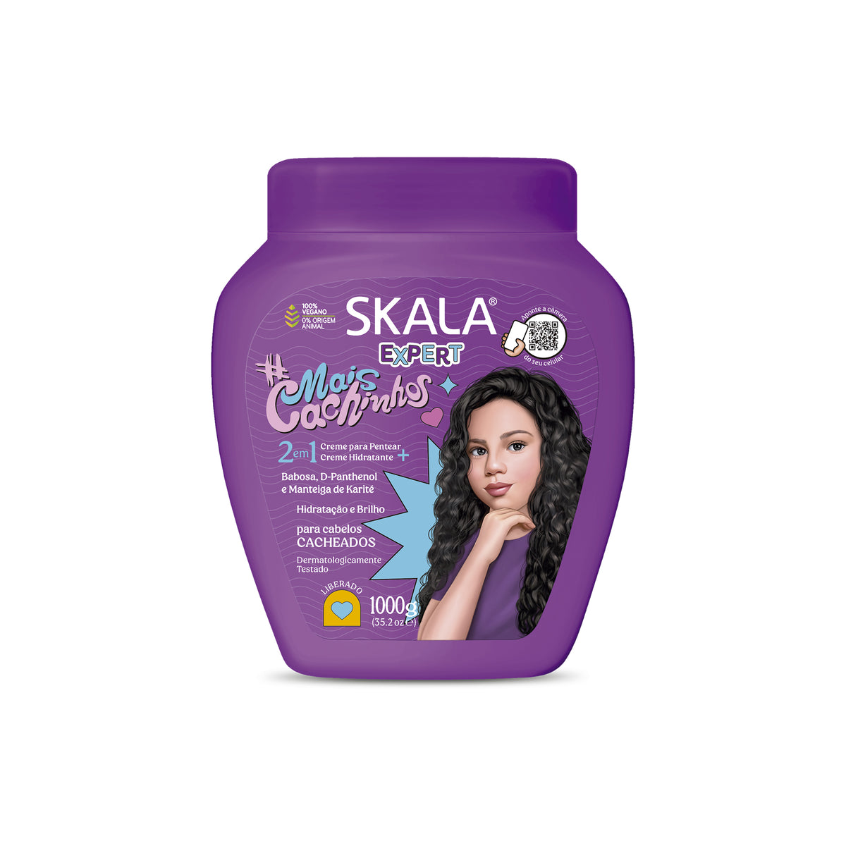 Skala Expert Mais Cachinhos 1000 gr in purple container with illustration of curly girl and text in Portuguese.