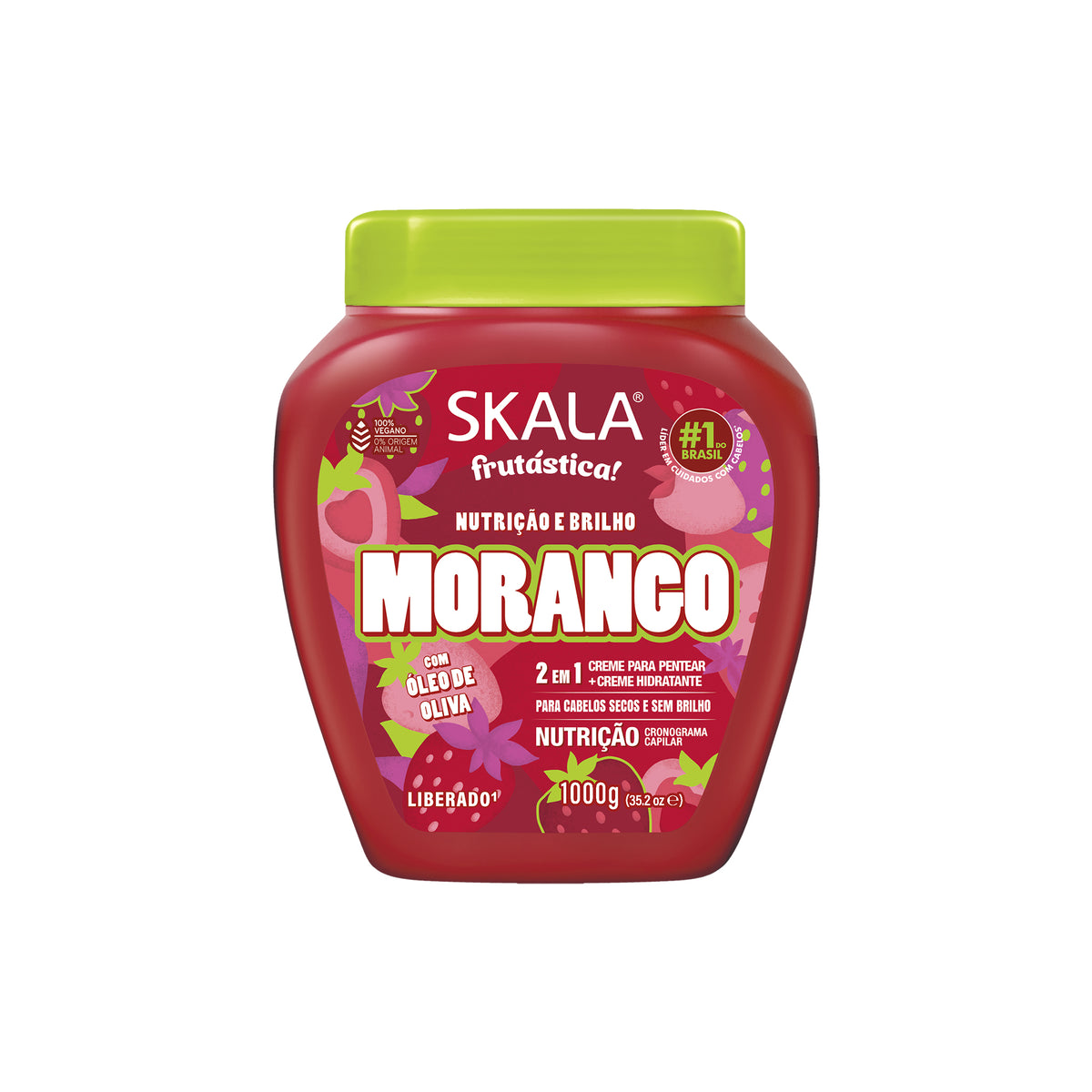 Skala Treatment Morango 1000gr in red bucket with green lid and colorful label with strawberries and pink details.