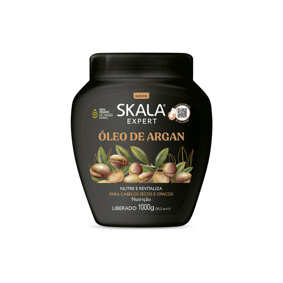 Black container with Skala Treatment Oleo De Argan 1000gr, surrounded by argan nuts and green leaves on the label.