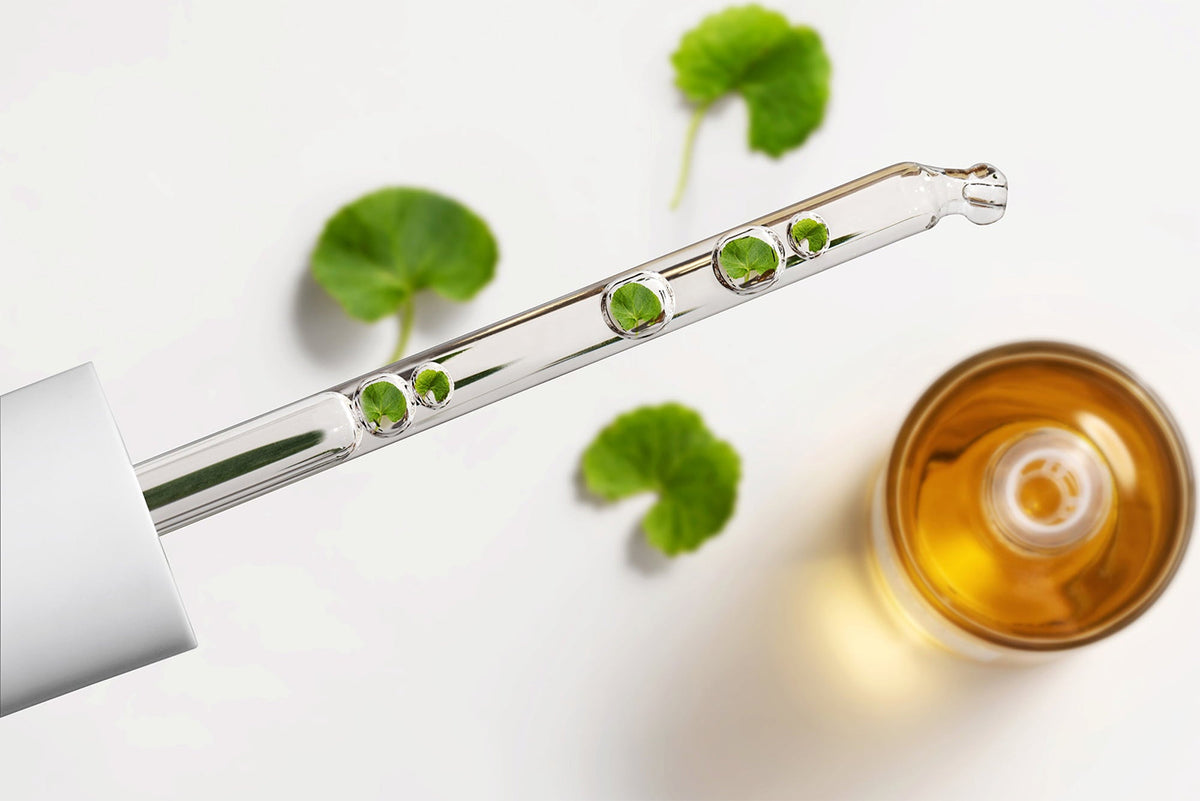 Pipette with SKIN1004 Madagascar Centella Ampoule 100ml and green centella leaves on a light background.