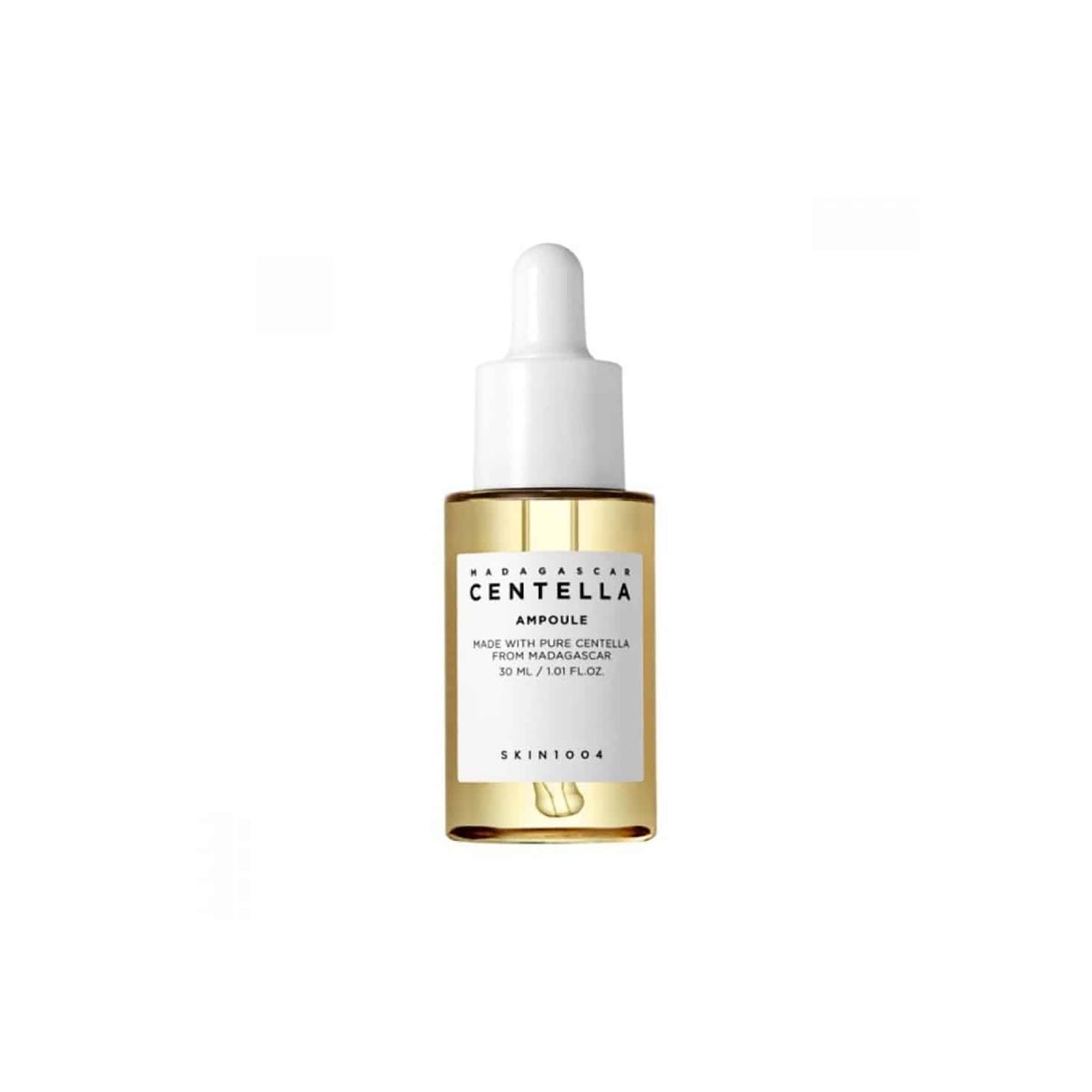 Transparent bottle of SKIN1004 Madagascar Centella Ampoule 30ml with white pipette and golden serum.