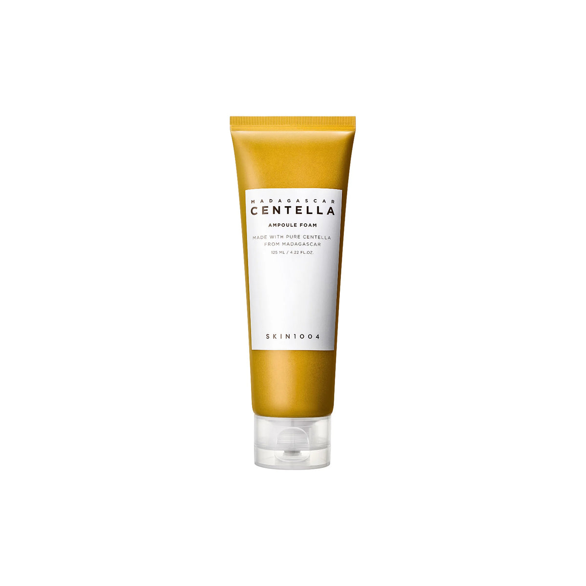 Yellow tube of SKIN1004 Madagascar Centella Ampoule Foam 125ml standing upright against white background.