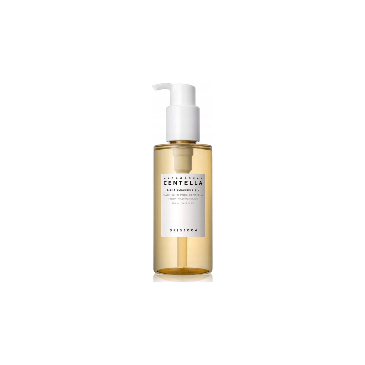 Transparent pump bottle with SKIN1004 Madagascar Centella Light Cleansing Oil 200ml in golden colored oil.