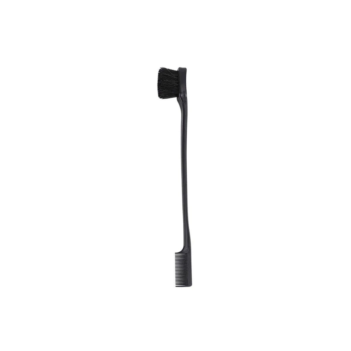 Narrow, black Smiel Edge Brush with dense brush head and fine comb at each end for precise styling of baby hair and edges.