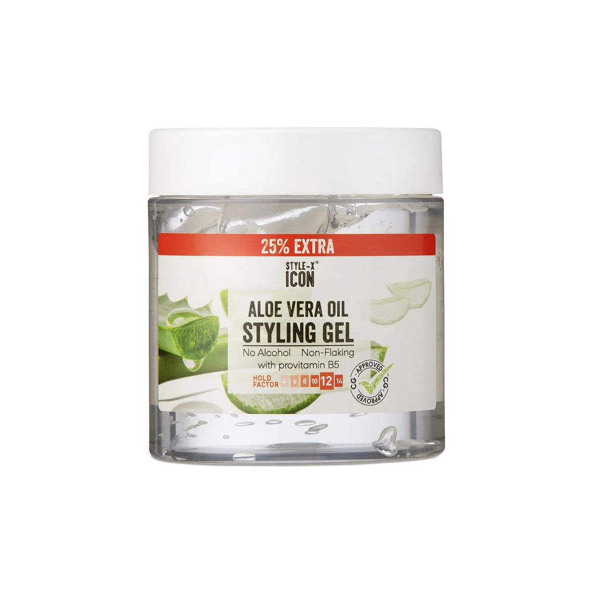 Style-X Icon Aloe Vera Styling Gel (525 ml). The image shows a container of Style-X Icon Aloe Vera Styling Gel, which is alcohol-free, non-flaky and contains provitamin B5.