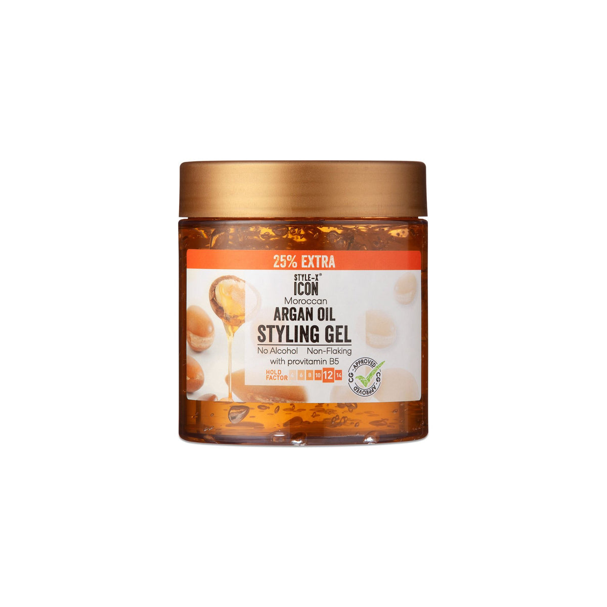 Style-X Icon Moroccan Argan Oil Styling Gel (525 ml). The picture shows a container of Style-X Icon Moroccan Argan Oil Styling Gel, which is alcohol-free, non-flaking and contains provitamin B5.