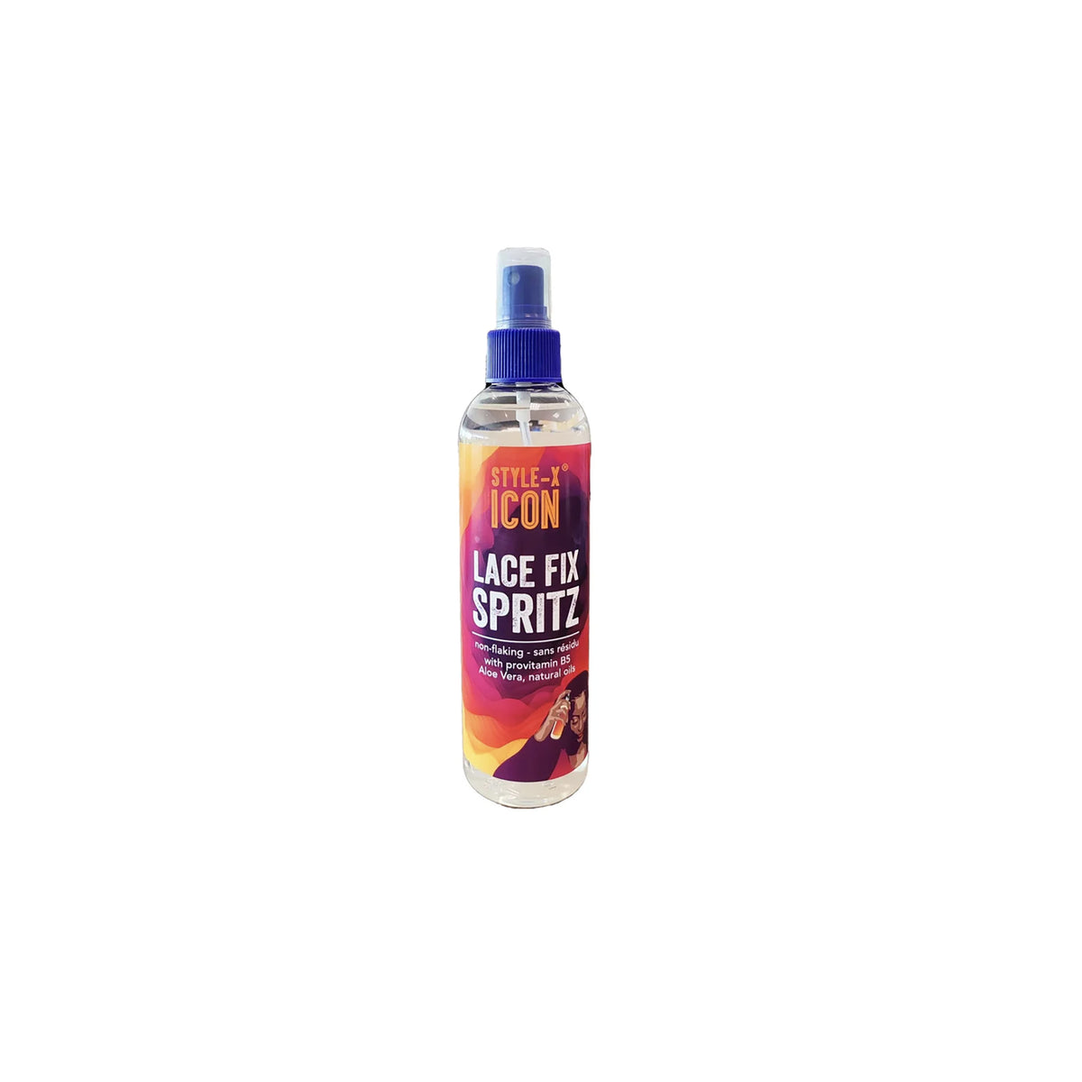 Style-X Icon Lace Fix Spritz (250 ml). The picture shows a bottle of Style-X Icon Lace Fix Spritz, which is non-flaking and contains provitamin B5, aloe vera and natural oils.