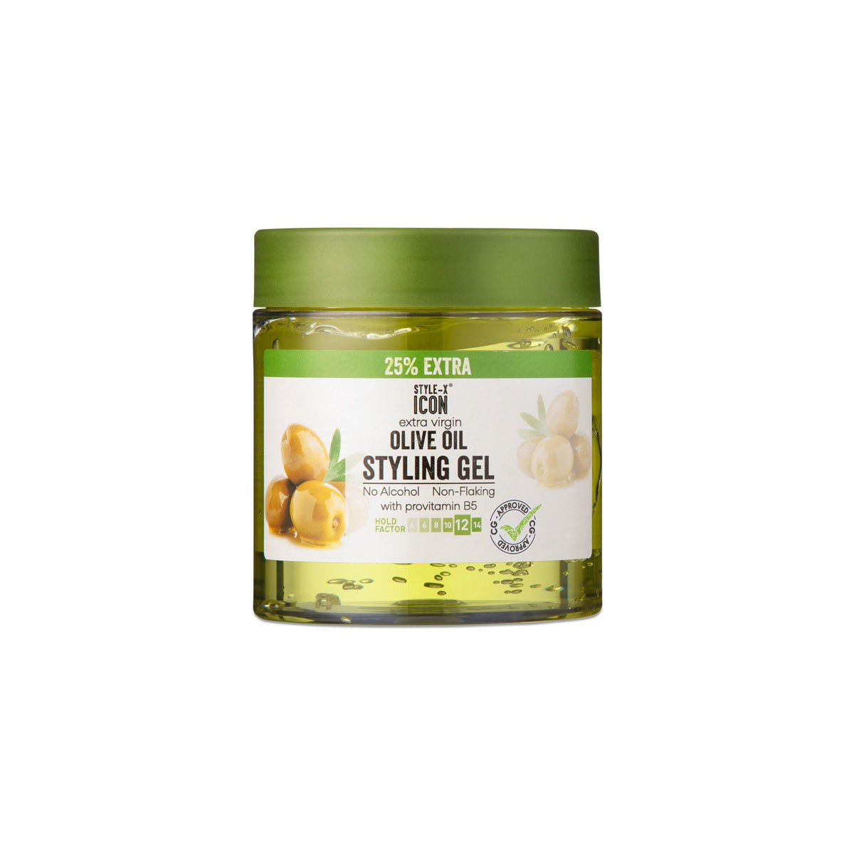 Style-X Icon Extra Virgin Olive Oil Styling Gel (525 ml). The picture shows a container of Style-X Icon Extra Virgin Olive Oil Styling Gel, which is alcohol-free and non-flaking, and contains provitamin B5.