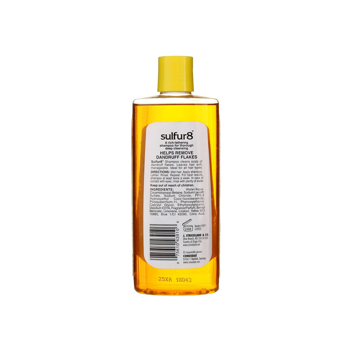 Sulfur8 Shampoo (222 ml). The picture shows the back of a 222 ml bottle of Sulfur8 Shampoo. The label contains ingredients, instructions for use, manufacturer information (J. Strickland & Co.) and anti-dandruff information.