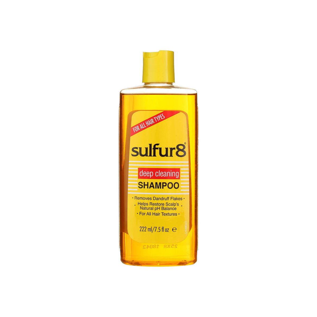 Sulfur8 Deep Cleansing Shampoo (222 ml). The picture shows the front of a bottle of Sulfur8 Deep Cleaning Shampoo. The shampoo removes dandruff and helps restore the scalp's natural pH balance. Suitable for all hair types.