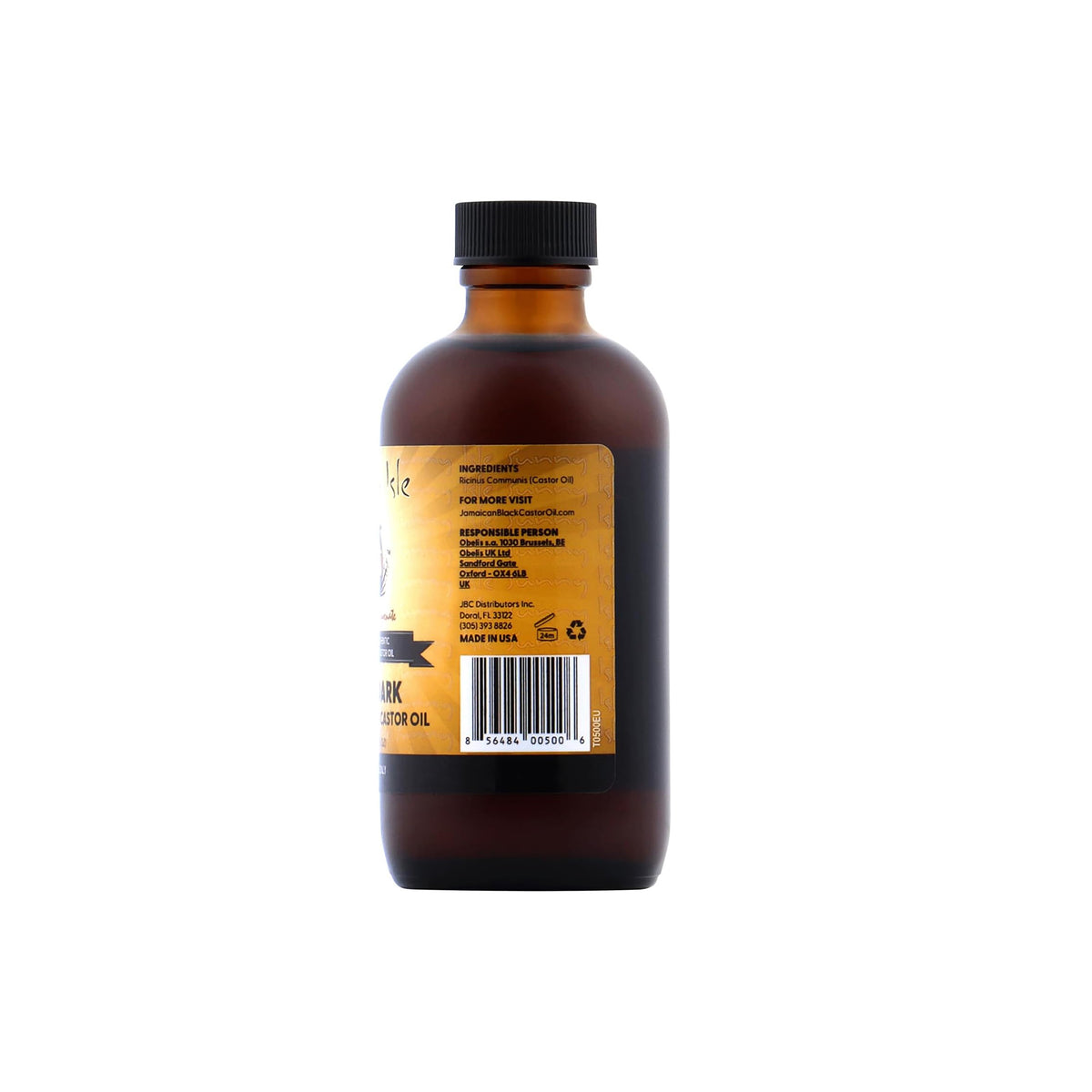 Sunny Isle Extra Dark Jamaican Black Castor Oil (118 ml). The back of the bottle lists ingredients, contact information and "Made in USA".