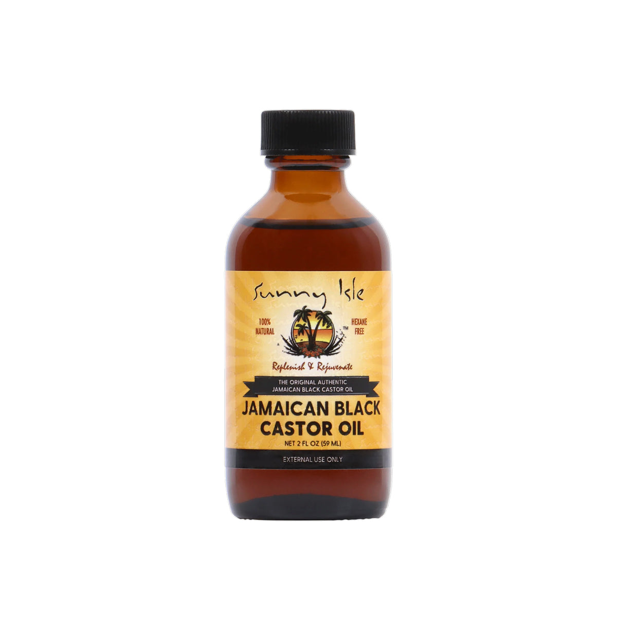 Sunny Isle Jamaican Black Castor Oil (59 ml). The image shows the front of a bottle of Sunny Isle Jamaican Black Castor Oil.