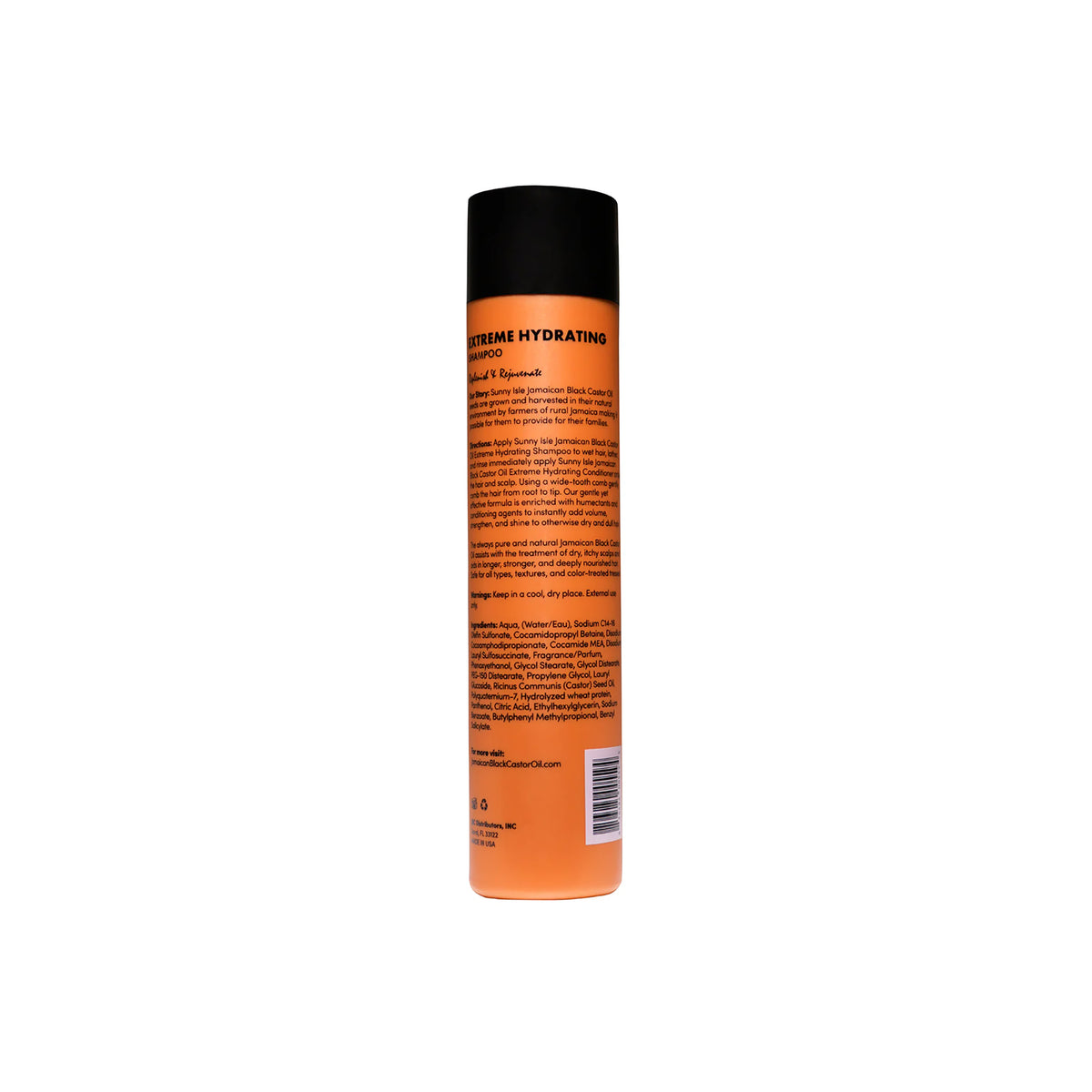Sunny Isle Jamaican Black Castor Oil Extreme Hydrating Shampoo (298 ml). The back of the bottle shows the list of ingredients and instructions for use.