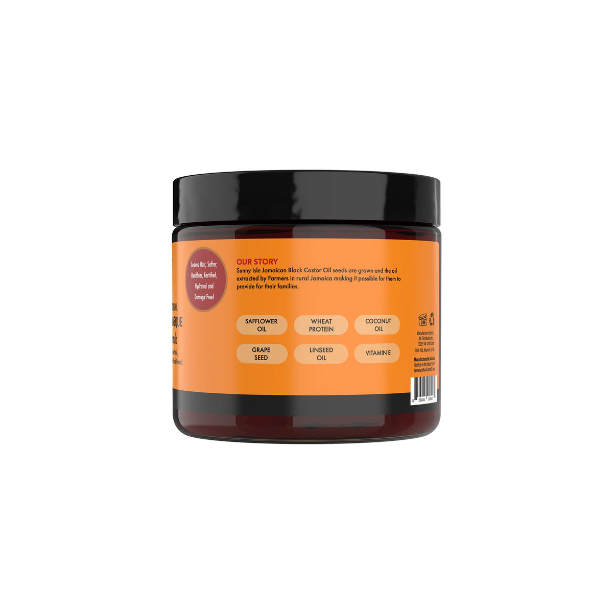 Sunny Isle Jamaican Black Castor Oil Intensive Repair Masque (16 fl oz). The back of the plastic can shows ingredients such as safflower oil, wheat protein, coconut oil, grape seed oil, linseed oil and vitamin E, as well as a brief description of Sunny Isle's history and their collaboration with Jamaican farmers.