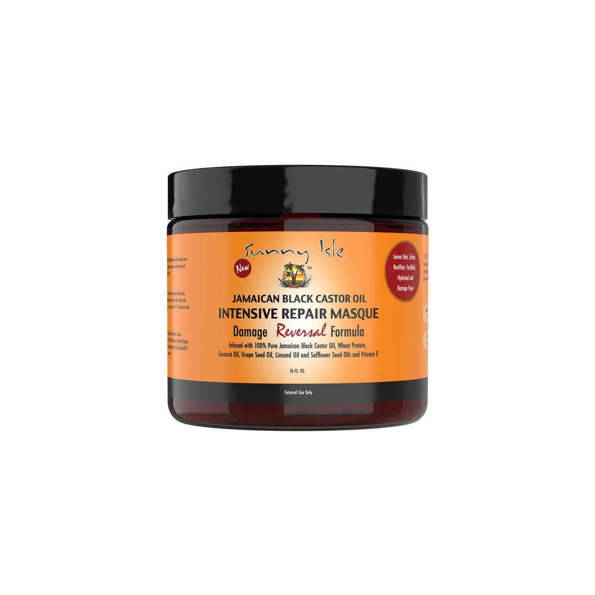 Sunny Isle Jamaican Black Castor Oil Intensive Repair Masque (16 fl oz). The picture shows a plastic can of Sunny Isle Jamaican Black Castor Oil Intensive Repair Masque. 