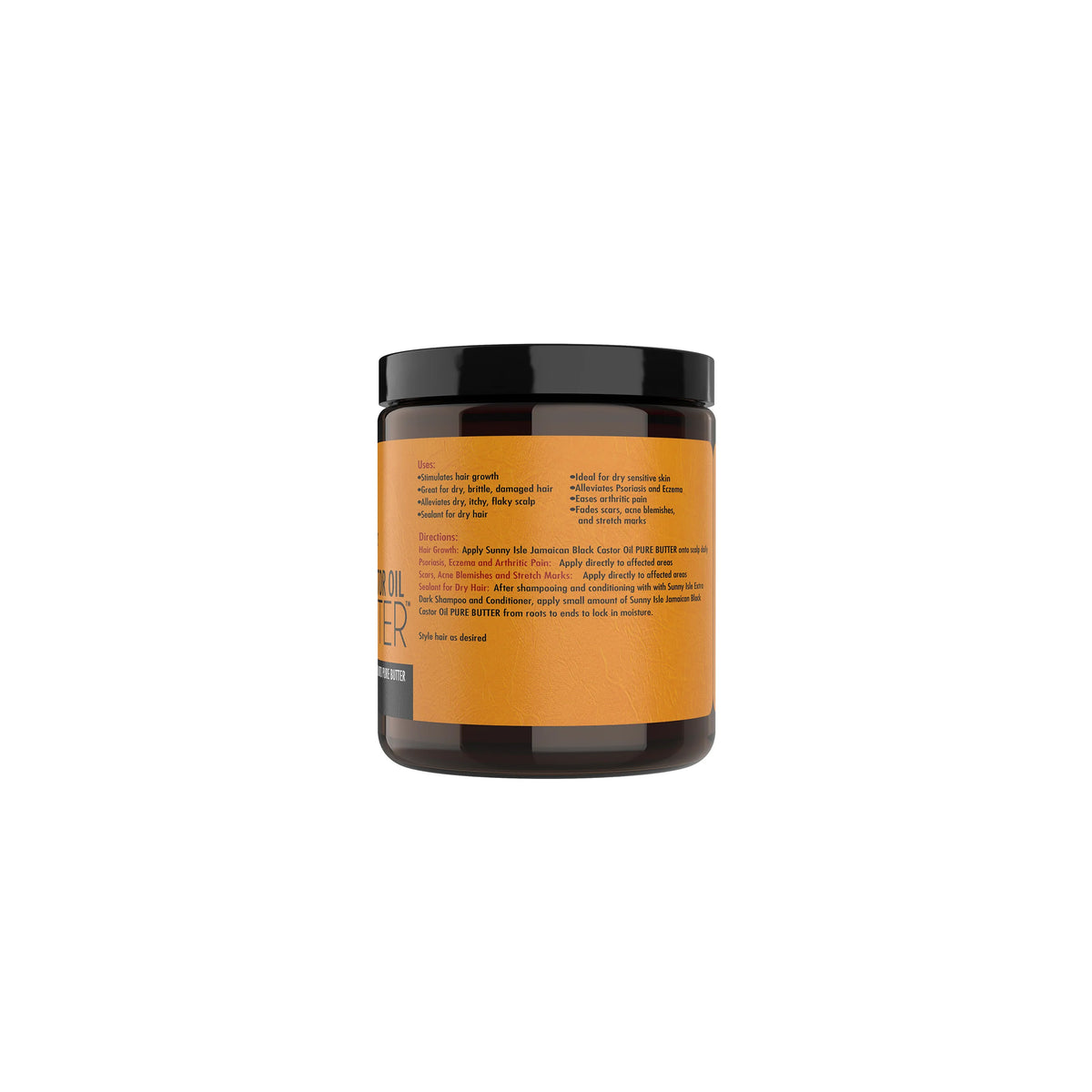 Sunny Isle Jamaican Black Castor Oil Pure Butter (118 ml). Back of the jar with instructions for use, list of ingredients and information on use on hair and skin.