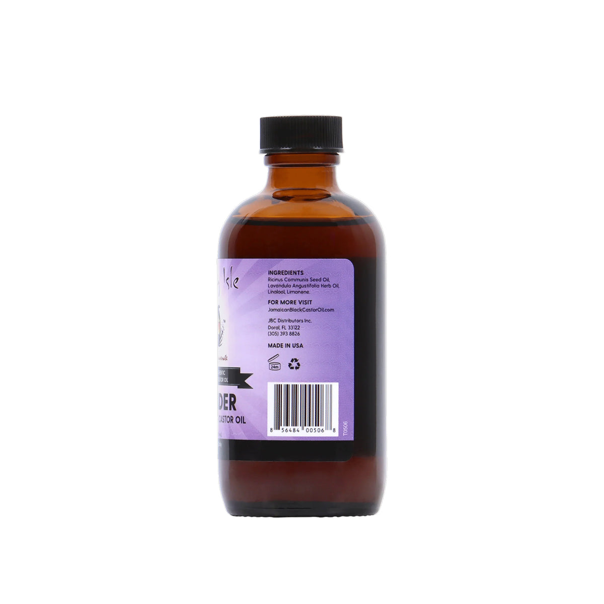Sunny Isle Lavender Jamaican Black Castor Oil (118 ml). Back of bottle with ingredient list (Ricinus Communis Seed Oil, Lavandula Angustifolia Herb Oil, Linalool, Limonene), manufacturer information, website (JamaicanBlackCastorOil.com) and barcode.