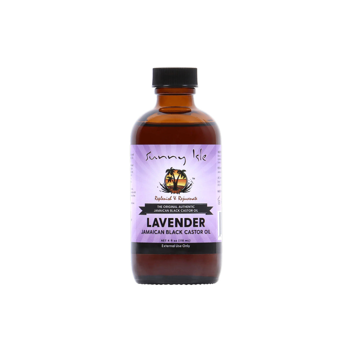 Sunny Isle Lavender Jamaican Black Castor Oil (118 ml). Bottle of lavender Jamaican Black Castor Oil, marketed as "The Original Authentic Jamaican Black Castor Oil" for external use.