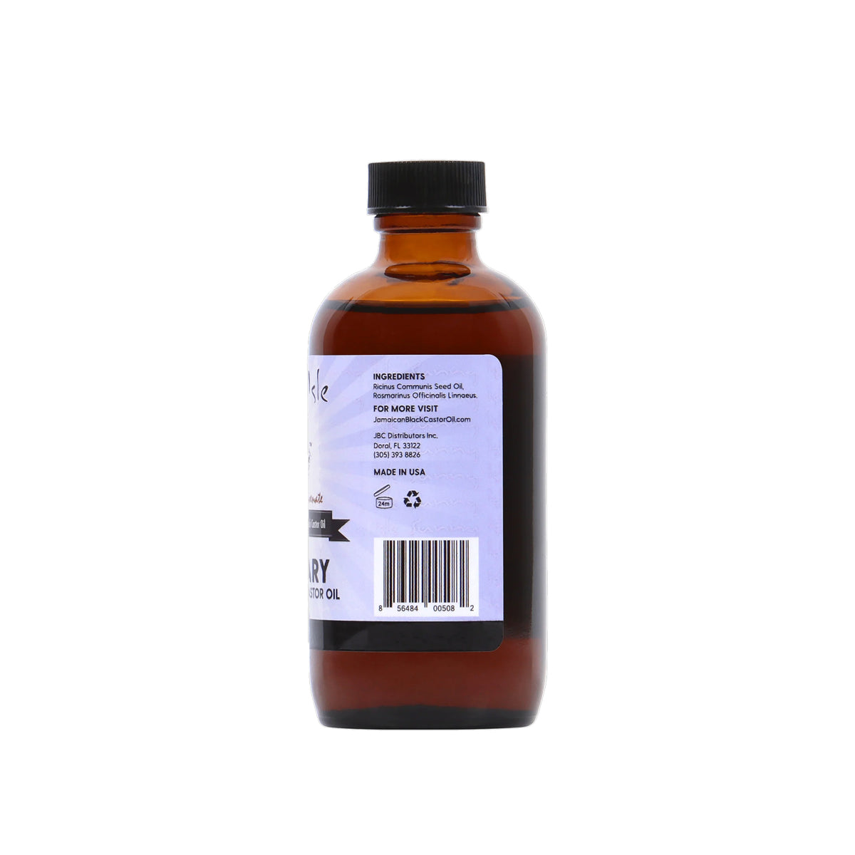 Sunny Isle Rosemary Jamaican Black Castor Oil (118 ml). Back of bottle showing ingredients list (Ricinus Communis Seed Oil, Rosmarinus Officinalis Linnaeus), manufacturer information and barcode.