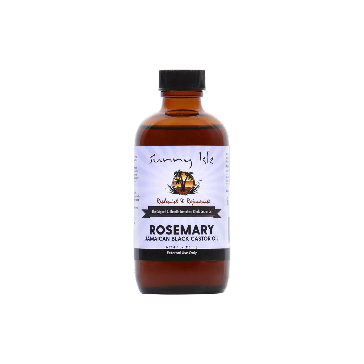 Sunny Isle Rosemary Jamaican Black Castor Oil (118 ml). Bottle of dark oil marketed as "The Original Authentic Jamaican Black Castor Oil" for external use.