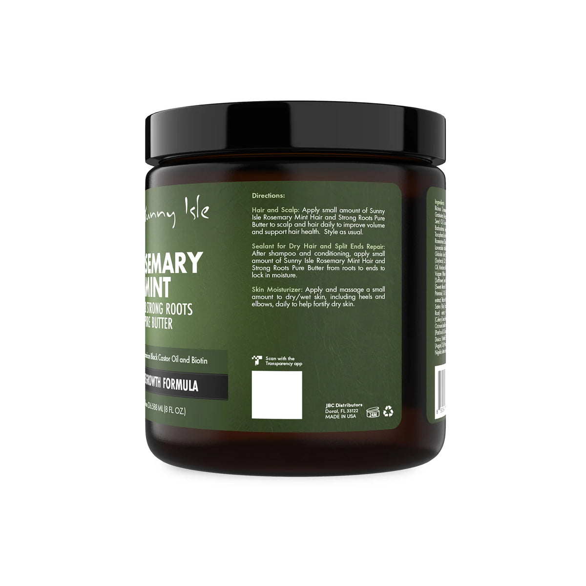 Sunny Isle Rosemary Mint Hair & Strong Roots Pure Butter (59 ml). Jar with instructions for use and ingredients visible on the label. Contains Jamaican black castor oil and biotin.