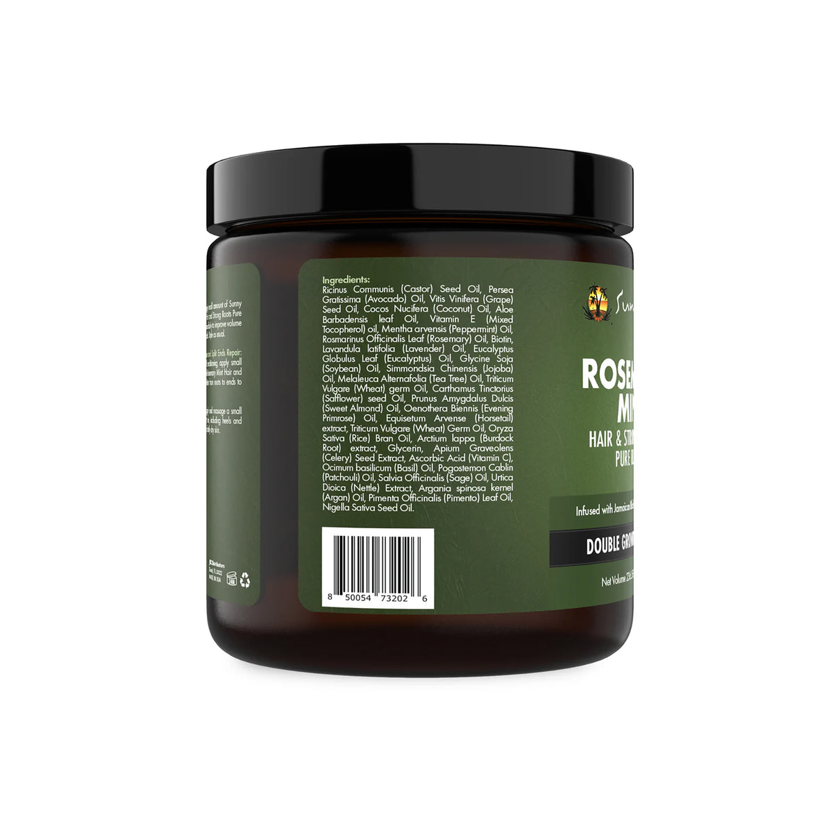 Sunny Isle Rosemary Mint Hair & Strong Roots Pure Butter (59 ml). Plastic can with full ingredient list visible on the label. Contains Jamaican black castor oil and biotin.