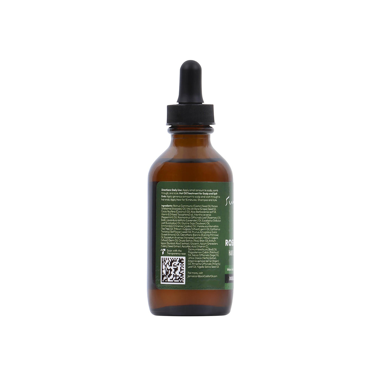 Sunny Isle Rosemary Mint Hair & Strong Roots Oil (88 ml). Back of bottle with dropper showing ingredient list and instructions for use. Contains Jamaican black castor oil.
