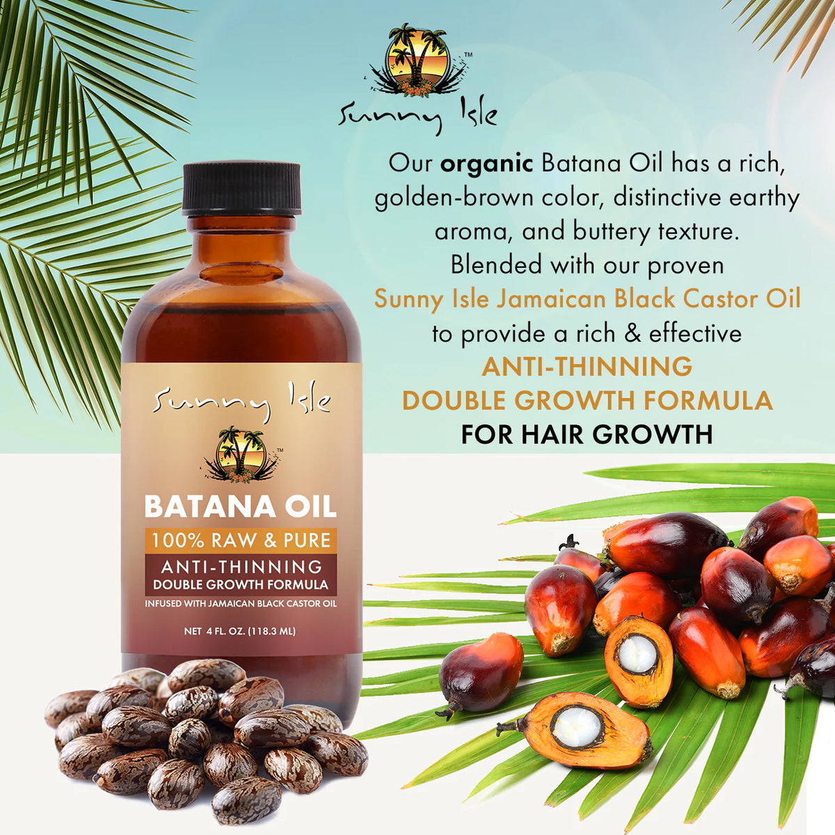 Bottle of Sunny Isle Batana Oil Infused with Jamaican Black Castor Oil 118ml with nuts and palm fruits on green leaves.