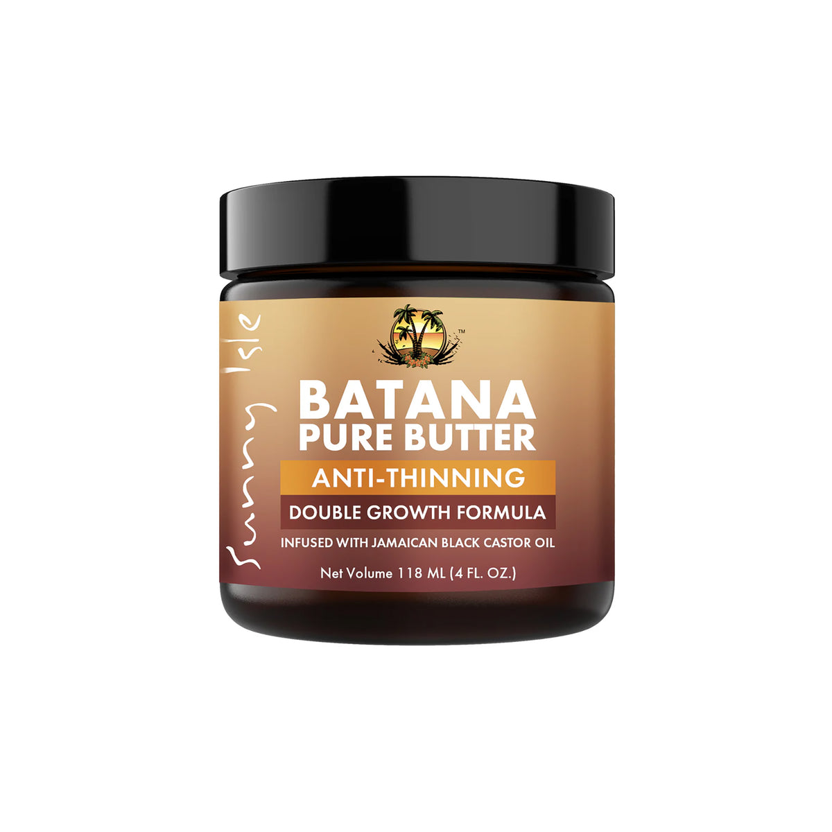 Black jar of Sunny Isle Pure Batana Butter Anti-Thinning 118ml with golden label and text about hair growth and castor oil.