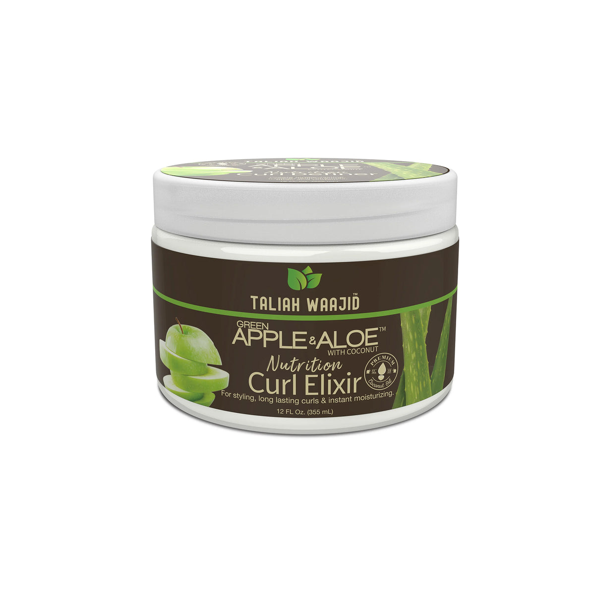 Taliah Waajid Apple Aloe Curl Elixir 355ml jar with green apple and aloe vera motif, moisturizing styling cream for defined curls.